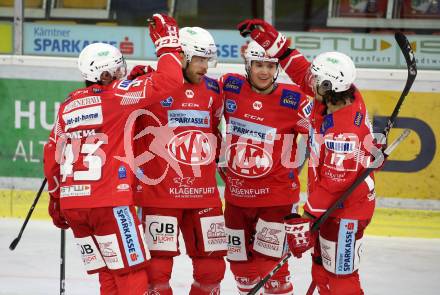 EBEL. Eishockey Bundesliga. KAC gegen	EC Red Bull Salzburg. Torjubel Dennis Sticha, Thomas Hundertpfund, Clemens Unterweger, Manuel Ganahl (KAC). Klagenfurt, am 22.11.2020.
Foto: Kuess
www.qspictures.net

---
pressefotos, pressefotografie, kuess, qs, qspictures, sport, bild, bilder, bilddatenbank