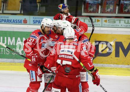 EBEL. Eishockey Bundesliga. KAC gegen	EC Red Bull Salzburg. Torjubel Dennis Sticha, Thomas Hundertpfund, Clemens Unterweger, Manuel Ganahl, Blaz Gregorc (KAC). Klagenfurt, am 22.11.2020.
Foto: Kuess
www.qspictures.net

---
pressefotos, pressefotografie, kuess, qs, qspictures, sport, bild, bilder, bilddatenbank