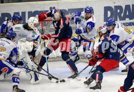 EBEL. Eishockey Bundesliga. VSV gegen EC Red Bull Salzburg.  Kristers Gudlevskis, Jamie Fraser,  (VSV), Thomas Raffl (Salzburg). Villach, am 25.11.2020.
Foto: Kuess
www.qspictures.net
---
pressefotos, pressefotografie, kuess, qs, qspictures, sport, bild, bilder, bilddatenbank