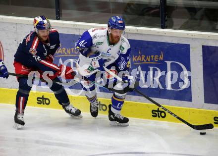 EBEL. Eishockey Bundesliga. VSV gegen EC Red Bull Salzburg. Jamie Fraser,  (VSV), John Hughes (Salzburg). Villach, am 25.11.2020.
Foto: Kuess
www.qspictures.net
---
pressefotos, pressefotografie, kuess, qs, qspictures, sport, bild, bilder, bilddatenbank