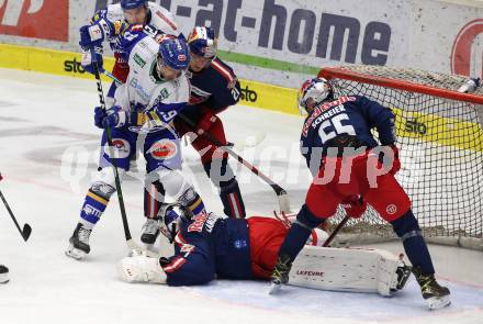 EBEL. Eishockey Bundesliga. VSV gegen EC Red Bull Salzburg.  Sahir Gill  (VSV), Yannic Pilloni, Jean Philippe Lamoureux, Lukas Schreier (Salzburg). Villach, am 25.11.2020.
Foto: Kuess
www.qspictures.net
---
pressefotos, pressefotografie, kuess, qs, qspictures, sport, bild, bilder, bilddatenbank