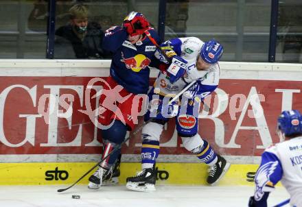 EBEL. Eishockey Bundesliga. VSV gegen EC Red Bull Salzburg.  Jamie Fraser, (VSV), Justin Schuetz  (Salzburg). Villach, am 25.11.2020.
Foto: Kuess
www.qspictures.net
---
pressefotos, pressefotografie, kuess, qs, qspictures, sport, bild, bilder, bilddatenbank