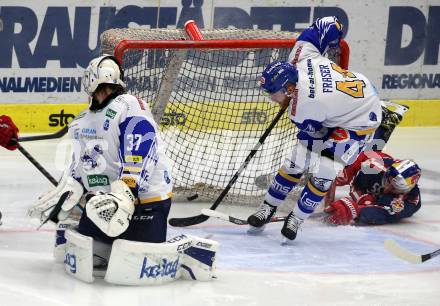 EBEL. Eishockey Bundesliga. VSV gegen EC Red Bull Salzburg. Kristers Gudlevskis, Jamie Fraser,  (VSV), Lukas Schreier  (Salzburg). Villach, am 25.11.2020.
Foto: Kuess
www.qspictures.net
---
pressefotos, pressefotografie, kuess, qs, qspictures, sport, bild, bilder, bilddatenbank