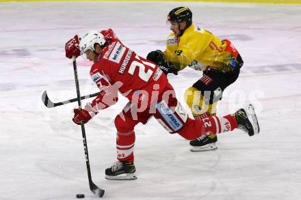 EBEL. Eishockey Bundesliga. KAC gegen	spusu Vienna Capitals. Thomas Hundertpfund,  (KAC), Jerome Gauthier Leduc (Vienna). Klagenfurt, am 29.11.2020.
Foto: Kuess
www.qspictures.net

---
pressefotos, pressefotografie, kuess, qs, qspictures, sport, bild, bilder, bilddatenbank