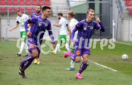 Fussball 2. Liga. SK Austria Klagenfurt gegen  SC Austria Lustenau.   Torjubel Darijo Pecirep, Benjamin Hadzic (Klagenfurt). Klagenfurt, am 29.11.2020.
Foto: Kuess
www.qspictures.net
---
pressefotos, pressefotografie, kuess, qs, qspictures, sport, bild, bilder, bilddatenbank