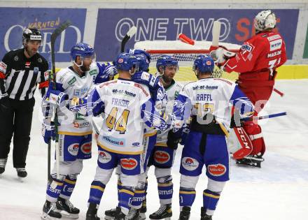 EBEL. Eishockey Bundesliga. VSV gegen KAC. Torjubel Sahir Gill, Jerry Pollastrone, Kevin Schmidt, Jamie Fraser, Michael Raffl  (VSV). Villach, am 1.12.2020.
Foto: Kuess
www.qspictures.net
---
pressefotos, pressefotografie, kuess, qs, qspictures, sport, bild, bilder, bilddatenbank