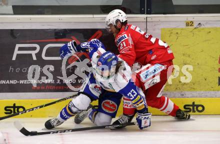 EBEL. Eishockey Bundesliga. VSV gegen KAC.  Martin Ulmer, (VSV), Manuel Geier  (KAC). Villach, am 1.12.2020.
Foto: Kuess
www.qspictures.net
---
pressefotos, pressefotografie, kuess, qs, qspictures, sport, bild, bilder, bilddatenbank