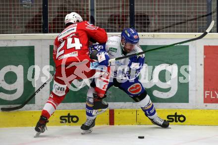 EBEL. Eishockey Bundesliga. VSV gegen KAC.  Jerry Pollastrone,  (VSV),  Steven Strong (KAC). Villach, am 1.12.2020.
Foto: Kuess
www.qspictures.net
---
pressefotos, pressefotografie, kuess, qs, qspictures, sport, bild, bilder, bilddatenbank