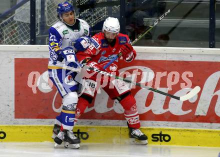 EBEL. Eishockey Bundesliga. VSV gegen KAC.  Sahir Gill,  (VSV), Thomas Koch (KAC). Villach, am 1.12.2020.
Foto: Kuess
www.qspictures.net
---
pressefotos, pressefotografie, kuess, qs, qspictures, sport, bild, bilder, bilddatenbank