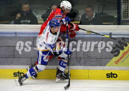 EBEL. Eishockey Bundesliga. VSV gegen KAC. Scott Kosmachuk,  (VSV),  Lukas Haudum  (KAC). Villach, am 1.12.2020.
Foto: Kuess
www.qspictures.net
---
pressefotos, pressefotografie, kuess, qs, qspictures, sport, bild, bilder, bilddatenbank