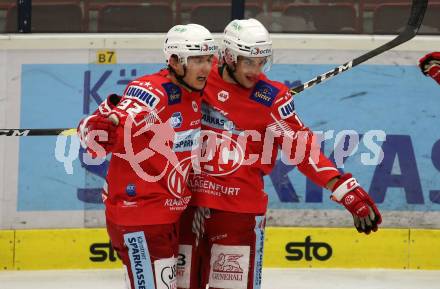 EBEL. Eishockey Bundesliga. VSV gegen KAC.  Torjubel Clemens Unterweger, Lukas haudum (KAC). Villach, am 1.12.2020.
Foto: Kuess
www.qspictures.net
---
pressefotos, pressefotografie, kuess, qs, qspictures, sport, bild, bilder, bilddatenbank