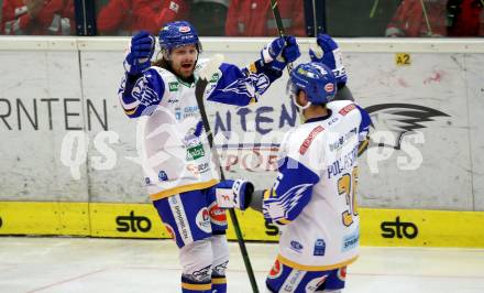 EBEL. Eishockey Bundesliga. VSV gegen KAC.  Torjubel Christof Wappis, Jerry Pollastrone (VSV). Villach, am 1.12.2020.
Foto: Kuess
www.qspictures.net
---
pressefotos, pressefotografie, kuess, qs, qspictures, sport, bild, bilder, bilddatenbank