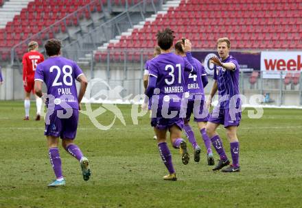 Fussball 2. Liga. SK Austria Klagenfurt gegen  FC Liefering. Torjubel Herbert Paul, Thorsten Mahrer, Patrick Greil (Klagenfurt), (Liefering). Klagenfurt, am 13.12.2020.
Foto: Kuess
www.qspictures.net
---
pressefotos, pressefotografie, kuess, qs, qspictures, sport, bild, bilder, bilddatenbank