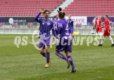 Fussball 2. Liga. SK Austria Klagenfurt gegen  FC Liefering. Torjubel  Thorsten Mahrer, Patrick Greil (Klagenfurt), (Liefering). Klagenfurt, am 13.12.2020.
Foto: Kuess
www.qspictures.net
---
pressefotos, pressefotografie, kuess, qs, qspictures, sport, bild, bilder, bilddatenbank