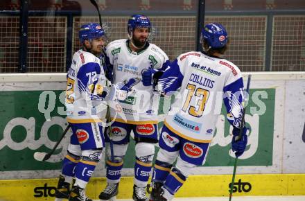 EBEL. Eishockey Bundesliga. VSV gegen EC Red Bull Salzburg.  Torjubel Daniel Wachter, Jerry Pollastrone, Chris Collins (VSV). Villach, am 18.12.2020.
Foto: Kuess
www.qspictures.net
---
pressefotos, pressefotografie, kuess, qs, qspictures, sport, bild, bilder, bilddatenbank