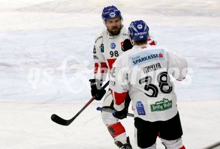 EBEL. Eishockey Bundesliga. KAC gegen	HC TIWAG Innsbruck. Torjubel Jan Lattner, Dario Winkler  (Innsbruck). Klagenfurt, am 20.12.2020.
Foto: Kuess
www.qspictures.net

---
pressefotos, pressefotografie, kuess, qs, qspictures, sport, bild, bilder, bilddatenbank