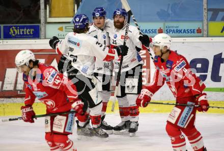 EBEL. Eishockey Bundesliga. KAC gegen	HC TIWAG Innsbruck.  Torjubel Christof Kromp, Clemens Paulweber, Colton Jay Saucerman  (Innsbruck). Klagenfurt, am 20.12.2020.
Foto: Kuess
www.qspictures.net

---
pressefotos, pressefotografie, kuess, qs, qspictures, sport, bild, bilder, bilddatenbank