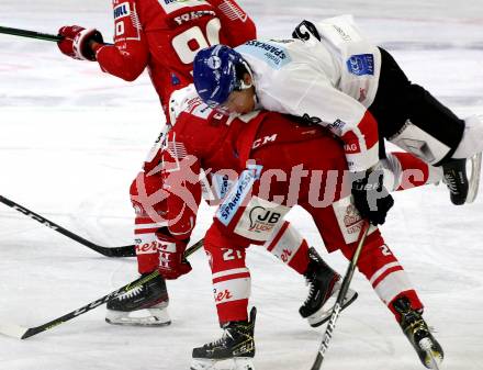 EBEL. Eishockey Bundesliga. KAC gegen	HC TIWAG Innsbruck. Manuel Geier,  (KAC), Jonathan Racine-Clarke (Innsbruck). Klagenfurt, am 20.12.2020.
Foto: Kuess
www.qspictures.net

---
pressefotos, pressefotografie, kuess, qs, qspictures, sport, bild, bilder, bilddatenbank