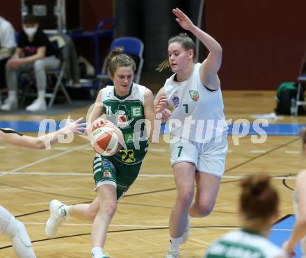 Basketball Damen Superliga 2020/2021. Grunddurchgang 4. Runde.  KOS Celovec Damen gegen  UBI Graz. Nikolina Sofric (KOS Celovec), Camilla Neumann (Graz). Klagenfurt, am 26.1.2021.
Foto: Kuess
www.qspictures.net

---
pressefotos, pressefotografie, kuess, qs, qspictures, sport, bild, bilder, bilddatenbank