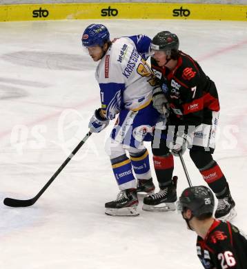 EBEL. Eishockey Bundesliga. VSV gegen Bratislava Capitals. Renars Krastenbergs,  (VSV), Ryan Culkin  (Bratislava). Villach, am 29.1.2021.
Foto: Kuess
www.qspictures.net
---
pressefotos, pressefotografie, kuess, qs, qspictures, sport, bild, bilder, bilddatenbank