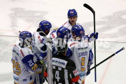 EBEL. Eishockey Bundesliga. VSV gegen Bratislava Capitals. Torjubel Sahir Gill, Scott Kosmachuk, Matt Mangene, Renars Krastenbergs, Kevin Schmidt  (VSV). Villach, am 29.1.2021.
Foto: Kuess
www.qspictures.net
---
pressefotos, pressefotografie, kuess, qs, qspictures, sport, bild, bilder, bilddatenbank