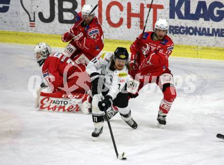 EBEL. Eishockey Bundesliga. KAC gegen	Dornbirner EC.  Manuel Ganahl, David Madlener, Rok Ticar,  (KAC), Saku Salmela (Dornbirn). Klagenfurt, am 31.1.2021.
Foto: Kuess
www.qspictures.net

---
pressefotos, pressefotografie, kuess, qs, qspictures, sport, bild, bilder, bilddatenbank