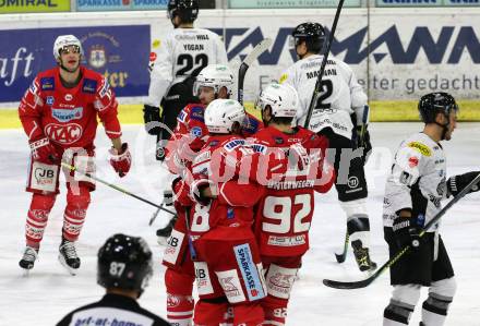 EBEL. Eishockey Bundesliga. KAC gegen	Dornbirner EC.  Torjubel Lukas Haudum,  Paul Postma, Thomas Koch, Clemens Unterweger (KAC). Klagenfurt, am 31.1.2021.
Foto: Kuess
www.qspictures.net

---
pressefotos, pressefotografie, kuess, qs, qspictures, sport, bild, bilder, bilddatenbank