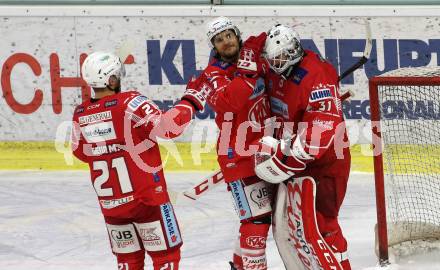 EBEL. Eishockey Bundesliga. KAC gegen	Dornbirner EC. Jubel Manuel Geier, Manuel Ganahl, David Madlener (KAC). Klagenfurt, am 31.1.2021.
Foto: Kuess
www.qspictures.net

---
pressefotos, pressefotografie, kuess, qs, qspictures, sport, bild, bilder, bilddatenbank