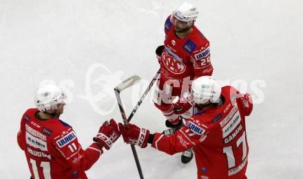 EBEL. Eishockey Bundesliga. KAC gegen	Dornbirner EC. Torjubel Lukas Haudum, Steven Strong, Manuel Ganahl (KAC). Klagenfurt, am 31.1.2021.
Foto: Kuess
www.qspictures.net

---
pressefotos, pressefotografie, kuess, qs, qspictures, sport, bild, bilder, bilddatenbank