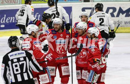 EBEL. Eishockey Bundesliga. KAC gegen	Dornbirner EC. Torjubel Matthew Fraser, Lukas Haudum,  Paul Postma, Thomas Koch, Clemens Unterweger (KAC). Klagenfurt, am 31.1.2021.
Foto: Kuess
www.qspictures.net

---
pressefotos, pressefotografie, kuess, qs, qspictures, sport, bild, bilder, bilddatenbank