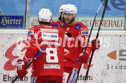 EBEL. Eishockey Bundesliga. KAC gegen	Dornbirner EC. Torjubel Nicholas ERic Petersen, Manuel Ganahl, Paul Postma (KAC). Klagenfurt, am 31.1.2021.
Foto: Kuess
www.qspictures.net

---
pressefotos, pressefotografie, kuess, qs, qspictures, sport, bild, bilder, bilddatenbank