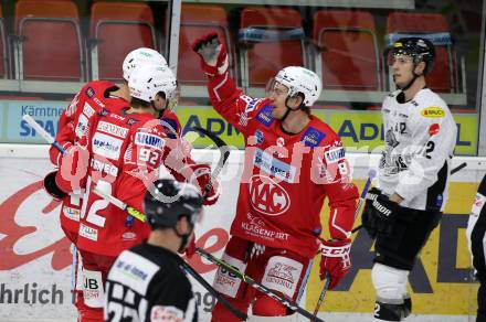 EBEL. Eishockey Bundesliga. KAC gegen	Dornbirner EC. Torjubel Clemens Unterweger, Paul Postma, Rok Ticar, Nicholas Eric Petersen (KAC). Klagenfurt, am 31.1.2021.
Foto: Kuess
www.qspictures.net

---
pressefotos, pressefotografie, kuess, qs, qspictures, sport, bild, bilder, bilddatenbank