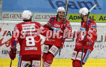 EBEL. Eishockey Bundesliga. KAC gegen	Dornbirner EC. Torjubel Nicholas ERic Petersen, Manuel Ganahl, Paul Postma (KAC). Klagenfurt, am 31.1.2021.
Foto: Kuess
www.qspictures.net

---
pressefotos, pressefotografie, kuess, qs, qspictures, sport, bild, bilder, bilddatenbank