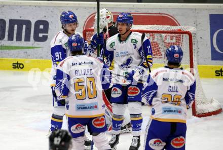 EBEL. Eishockey Bundesliga. VSV gegen Vienna Capitals. Torjubel Renars Krastenbergs, Scott Kosmachuk, Frederik Allard, Sahir Gill  (VSV). Villach, am 2.2.2021.
Foto: Kuess
www.qspictures.net
---
pressefotos, pressefotografie, kuess, qs, qspictures, sport, bild, bilder, bilddatenbank