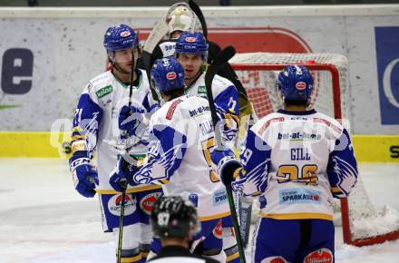 EBEL. Eishockey Bundesliga. VSV gegen Vienna Capitals.  Torjubel Renars Krastenbergs, Scott Kosmachuk, Frederik Allard, Sahir Gill (VSV). Villach, am 2.2.2021.
Foto: Kuess
www.qspictures.net
---
pressefotos, pressefotografie, kuess, qs, qspictures, sport, bild, bilder, bilddatenbank