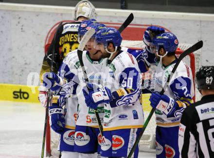 EBEL. Eishockey Bundesliga. VSV gegen Vienna Capitals.  Torjubel Renars Krastenbergs, Scott Kosmachuk, Frederik Allard, Sahir Gill (VSV). Villach, am 2.2.2021.
Foto: Kuess
www.qspictures.net
---
pressefotos, pressefotografie, kuess, qs, qspictures, sport, bild, bilder, bilddatenbank