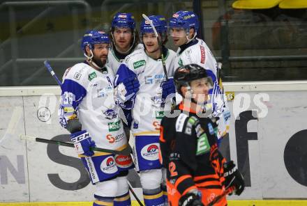 EBEL. Eishockey Bundesliga. VSV gegen Moser Medical Graz 99ers.  Torjubel Jerry Pollastrone, Chris Collins, Renars Krastenbergs, Josef Hrabal (VSV). Villach, am 23.2.2021.
Foto: Kuess
www.qspictures.net
---
pressefotos, pressefotografie, kuess, qs, qspictures, sport, bild, bilder, bilddatenbank