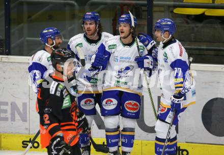 EBEL. Eishockey Bundesliga. VSV gegen Moser Medical Graz 99ers. Torjubel Jerry Pollastrone, Chris Collins, Renars Krastenbergs, Josef Hrabal  (VSV). Villach, am 23.2.2021.
Foto: Kuess
www.qspictures.net
---
pressefotos, pressefotografie, kuess, qs, qspictures, sport, bild, bilder, bilddatenbank