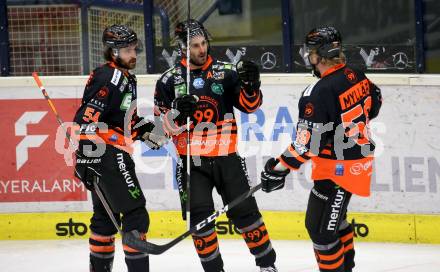 EBEL. Eishockey Bundesliga. VSV gegen Moser Medical Graz 99ers.  Torjubel Anthony Cameranesi, Travis Oleksuk, Olof Anton Myllaeri  (Graz). Villach, am 23.2.2021.
Foto: Kuess
www.qspictures.net
---
pressefotos, pressefotografie, kuess, qs, qspictures, sport, bild, bilder, bilddatenbank