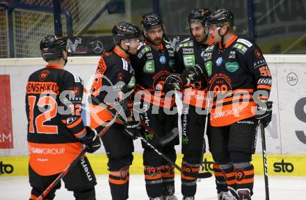 EBEL. Eishockey Bundesliga. VSV gegen Moser Medical Graz 99ers.  Torjubel Vitali Menshikov, Ken Ograjensek, Anthony Cameranesi, Travis Oleksuk, Olof Anton Myllaeri  (Graz). Villach, am 23.2.2021.
Foto: Kuess
www.qspictures.net
---
pressefotos, pressefotografie, kuess, qs, qspictures, sport, bild, bilder, bilddatenbank