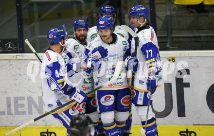 EBEL. Eishockey Bundesliga. VSV gegen Moser Medical Graz 99ers.  Torjubel Jamie Fraser, Jerry Pollastrone, Chris Collins, Renars Krastenbergs, Josef Hrabal (VSV). Villach, am 23.2.2021.
Foto: Kuess
www.qspictures.net
---
pressefotos, pressefotografie, kuess, qs, qspictures, sport, bild, bilder, bilddatenbank