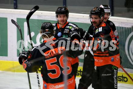 EBEL. Eishockey Bundesliga. VSV gegen Moser Medical Graz 99ers.  Torjubel Ken Ograjensek, Michael Schiechl, Olof Anton Myllaeri (Graz). Villach, am 23.2.2021.
Foto: Kuess
www.qspictures.net
---
pressefotos, pressefotografie, kuess, qs, qspictures, sport, bild, bilder, bilddatenbank