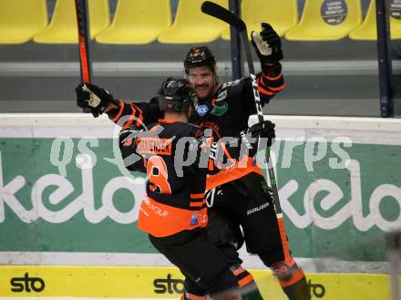 EBEL. Eishockey Bundesliga. VSV gegen Moser Medical Graz 99ers.  Torjubel Ken Ograjensek, Michael Schiechl  (Graz). Villach, am 23.2.2021.
Foto: Kuess
www.qspictures.net
---
pressefotos, pressefotografie, kuess, qs, qspictures, sport, bild, bilder, bilddatenbank