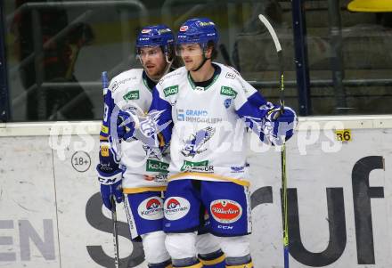 EBEL. Eishockey Bundesliga. VSV gegen Moser Medical Graz 99ers.  Torjubel Chris Collins, Renars Krastenbergs  (VSV). Villach, am 23.2.2021.
Foto: Kuess
www.qspictures.net
---
pressefotos, pressefotografie, kuess, qs, qspictures, sport, bild, bilder, bilddatenbank