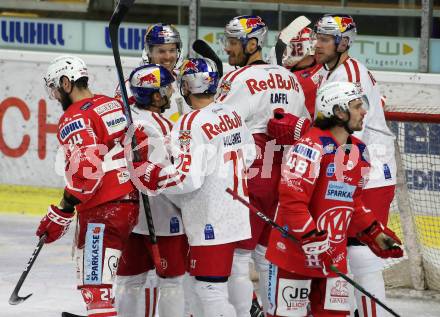 EBEL. Eishockey Bundesliga. KAC gegen	EC Salzburg.  Torjubel Thomas Raffl, Rick Schofield, Johan Alexander Urbom, John Hughes  (Salzburg). Klagenfurt, am 26.2.2021.
Foto: Kuess
www.qspictures.net

---
pressefotos, pressefotografie, kuess, qs, qspictures, sport, bild, bilder, bilddatenbank