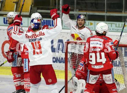 EBEL. Eishockey Bundesliga. KAC gegen	EC Salzburg.  Torjubel John Hughes, Rick Schofield (Salzburg). Klagenfurt, am 26.2.2021.
Foto: Kuess
www.qspictures.net

---
pressefotos, pressefotografie, kuess, qs, qspictures, sport, bild, bilder, bilddatenbank