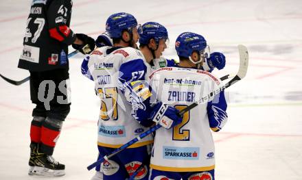 EBEL. Eishockey Bundesliga. VSV gegen HC TWK Innsbruck.  Torjubel Jordan Caron, Sebastian Zauner, Scott Kosmachuk (VSV). Villach, am 28.2.2021.
Foto: Kuess
www.qspictures.net
---
pressefotos, pressefotografie, kuess, qs, qspictures, sport, bild, bilder, bilddatenbank