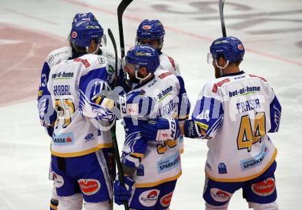 EBEL. Eishockey Bundesliga. VSV gegen iClinic Bratislava Capitals.  Torjubel Chris Collins, Matt Mangene, Josef Hrabal, Jerry Pollastrone, Jamie Fraser (VSV). Villach, am 5.3.2021.
Foto: Kuess
www.qspictures.net
---
pressefotos, pressefotografie, kuess, qs, qspictures, sport, bild, bilder, bilddatenbank