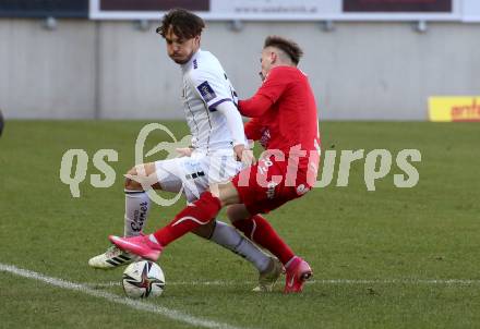 Fussball 2. Liga. SK Austria Klagenfurt gegen  FC Mohren Dornbirn.  Simon Straudi (Klagenfurt), Egzon Shabani (Dornbirn). Klagenfurt, am 6.3.2021.
Foto: Kuess
www.qspictures.net
---
pressefotos, pressefotografie, kuess, qs, qspictures, sport, bild, bilder, bilddatenbank