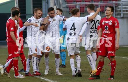 Fussball 2. Liga. SK Austria Klagenfurt gegen  FC Mohren Dornbirn.  Torjubel  Patrick Greil, Kosmas Gkezos, Markus Rusek, Markus Pink,  Tim Maciejewski,   (Klagenfurt). Klagenfurt, am 6.3.2021.
Foto: Kuess
www.qspictures.net
---
pressefotos, pressefotografie, kuess, qs, qspictures, sport, bild, bilder, bilddatenbank